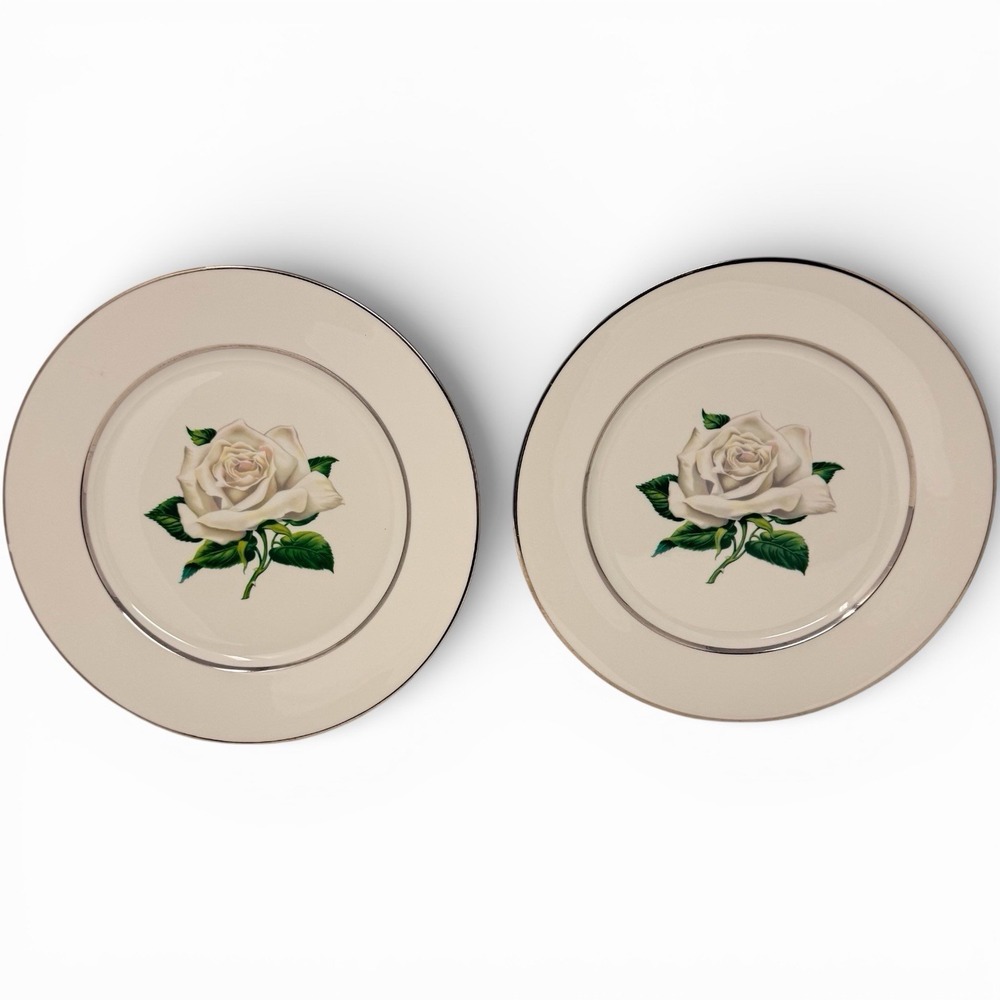 Set of 2 Embassy Vitrified White Rose‎ - Dinner Plate - 10 1/8" Diameter